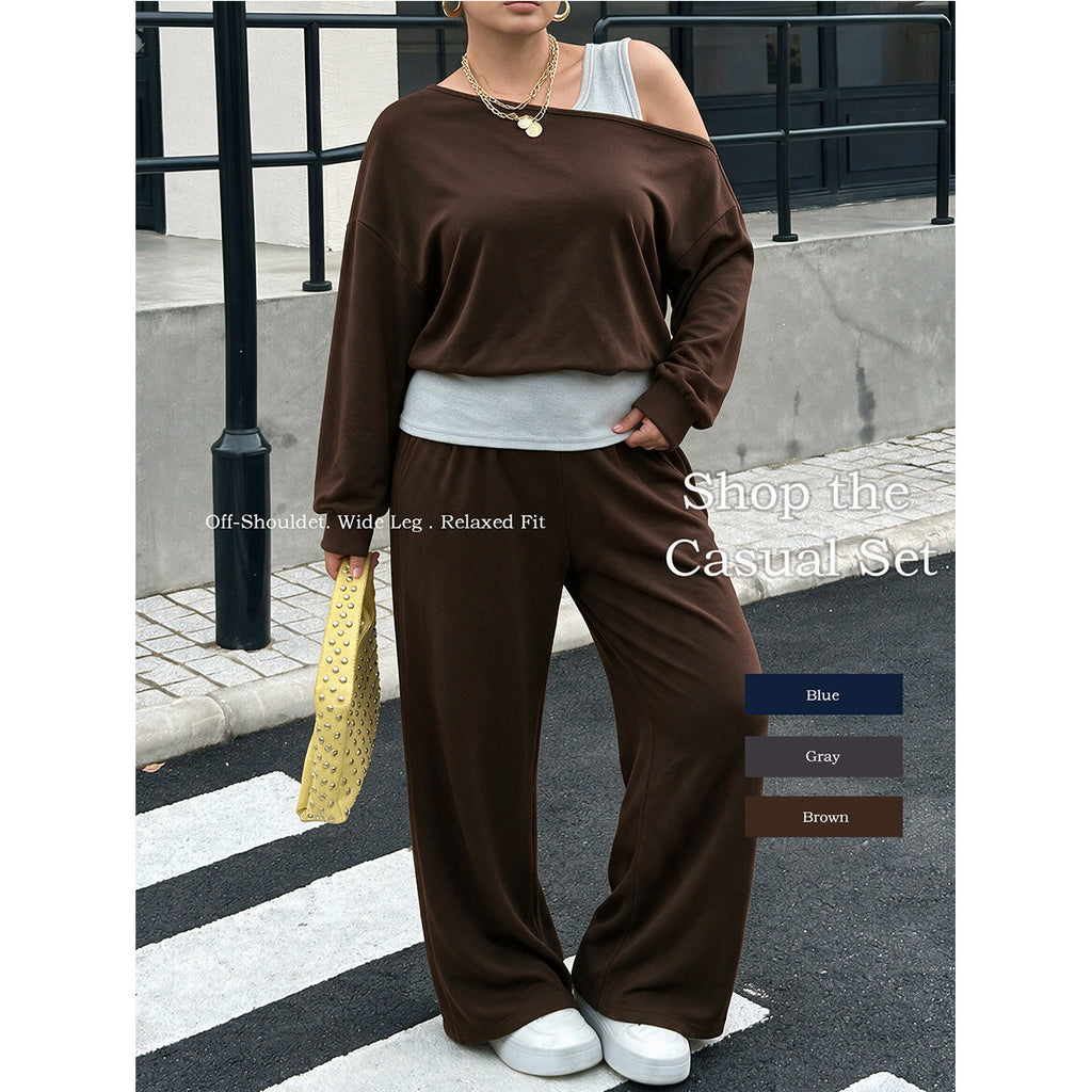 Women's Plus Size Women Clothes Off The Shoulder Trousers Off Shoulder Long Sleeve Drooping Wide Leg Pants Home Autumn Sets