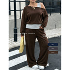 Women's Plus Size Women Clothes Off The Shoulder Trousers Off Shoulder Long Sleeve Drooping Wide Leg Pants Home Autumn Sets