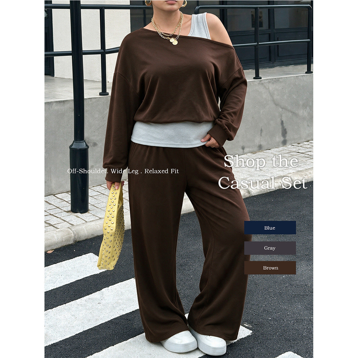 Women's Plus Size Women Clothes Off The Shoulder Trousers Off Shoulder Long Sleeve Drooping Wide Leg Pants Home Autumn Sets