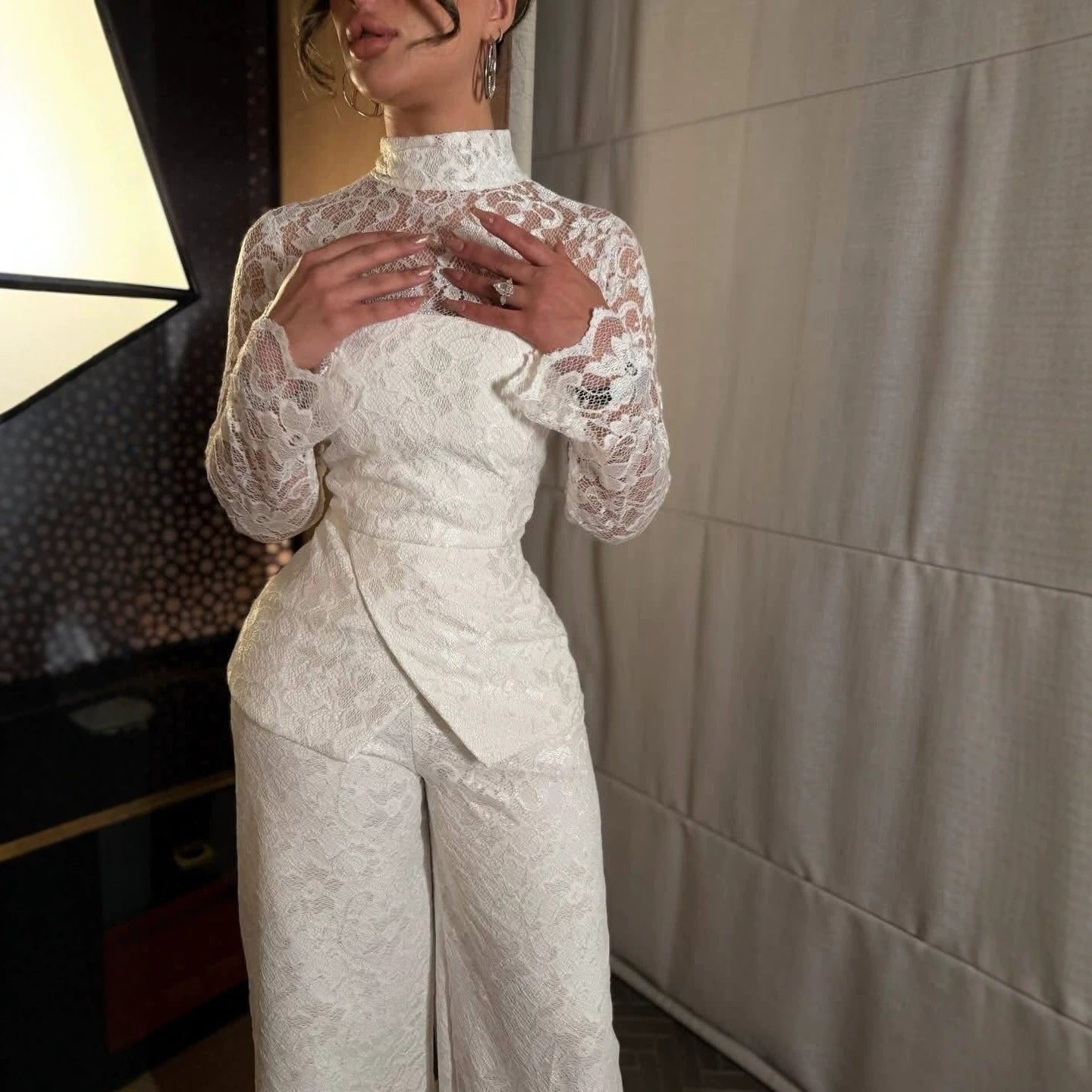 Spring Summer French Sexy Lace Patchwork Turtleneck Long