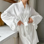 Autumn Jacquard Breathable Nightgown Long Sleeve Cardigan Lace up Women Knitted Casual Wear