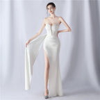 Women's Rhinestone Corset Satin Evening Dress