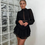 Chiffon Stand-Collar High-Waist A-Line Dress
