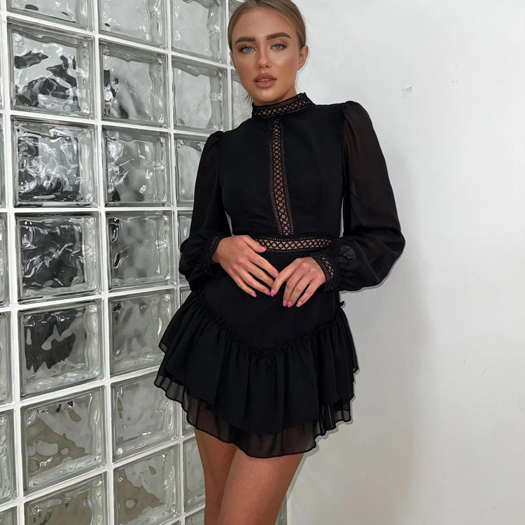Chiffon Stand-Collar High-Waist A-Line Dress