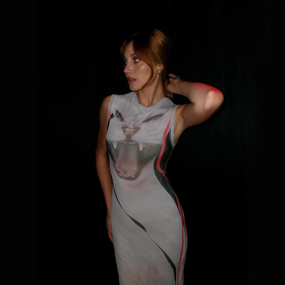 Graphic Print Crew-Neck Sleeveless Bodycon Maxi Dress