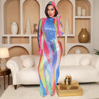 Performance Clothes Nightclub Bar Hooded High Slit Maxi Dress