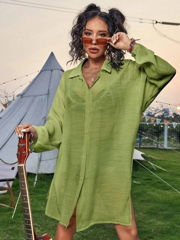 Cotton long one-piece swimwear, light green button-front tunic dress with long sleeves