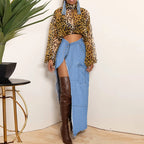 Spring Denim Patchwork Slit Washed Street Hipster Skirt