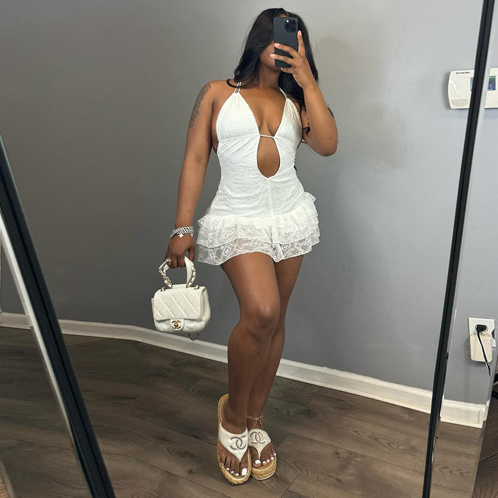 Women's Lace Halter Backless Tiered Mini Dress
