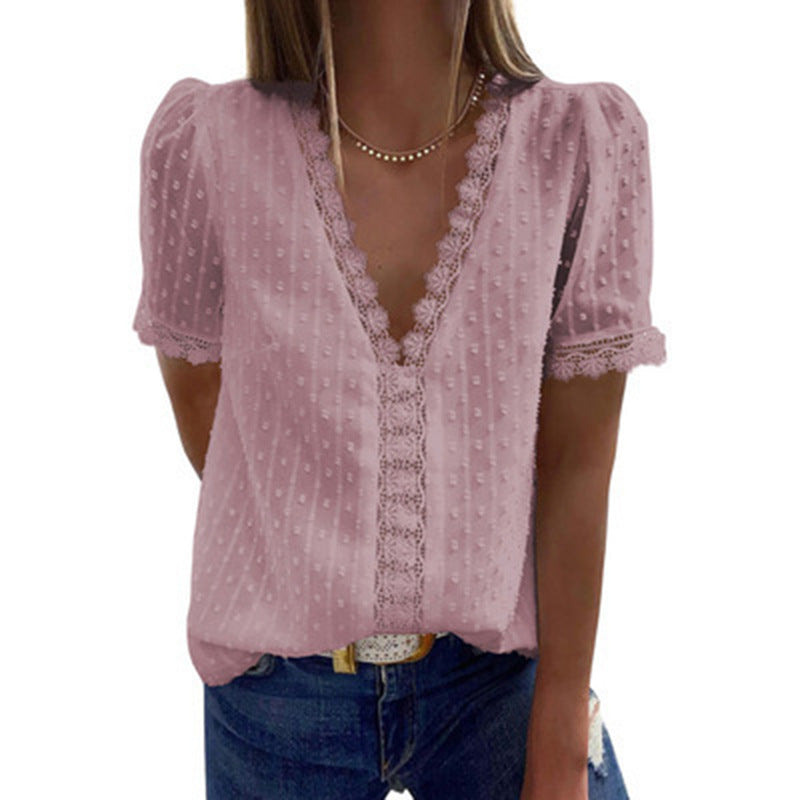 Women's Deep V-Neck Chiffon Shirt Embroidered Ruffled Short Sleeves Top Front Rear