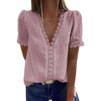 Women's Deep V-Neck Chiffon Shirt Embroidered Ruffled Short Sleeves Top Front Rear