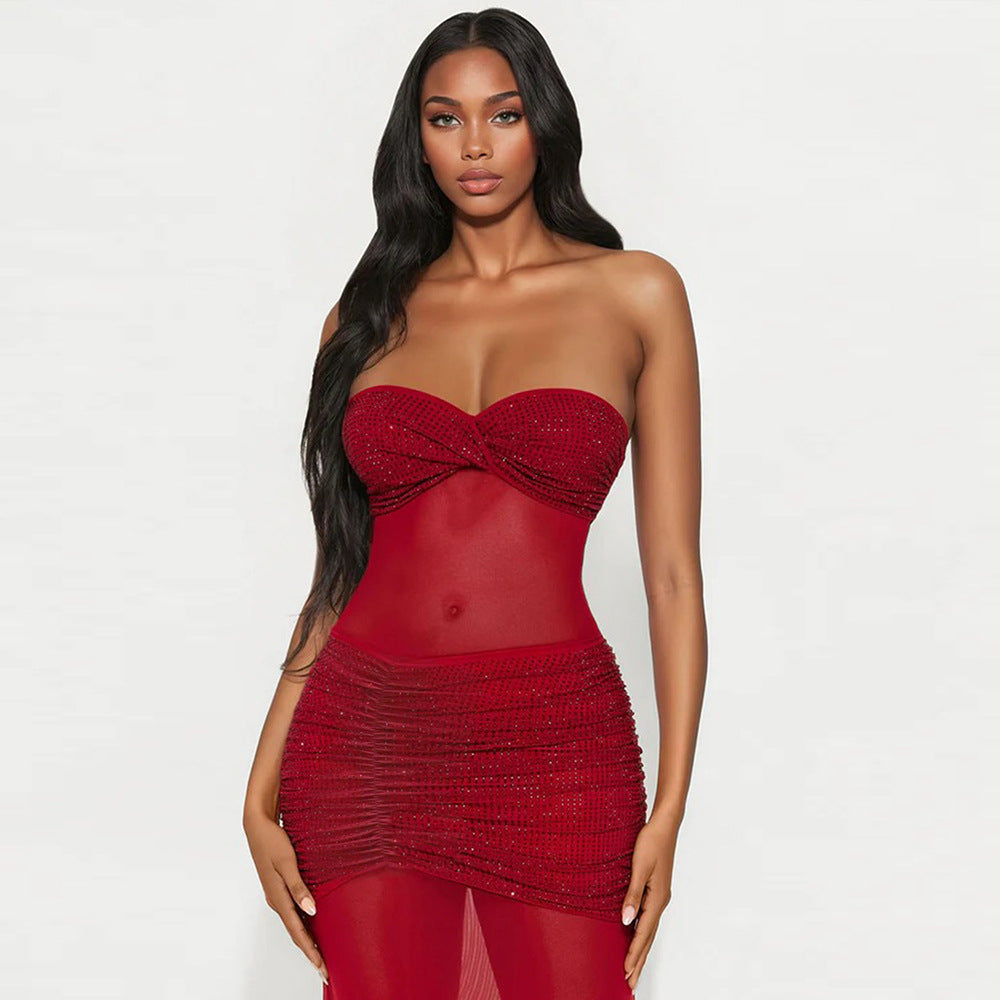 Women's Tube Top Milk Silk Stitching Mesh Drilling Party Hip Wrapped Long Dress