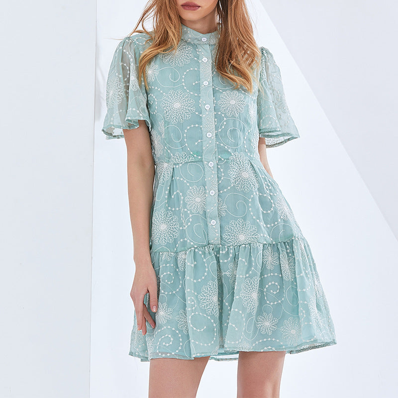 Women's Early Spring Elegant Stand Collar Short Sleeve Printed Short Dress Plus Size Tiered Dress