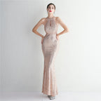 Women's Sequin Beading Cocktail Evening Dress Elegant Long Halter Slim Fit