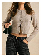 Khaki women's short knit cardigan with ribbed cuffs, round neck, button-front