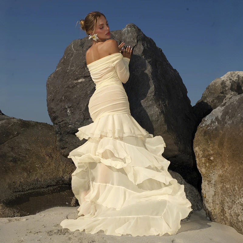 Apricot pleated long-sleeve off-shoulder dress, tiered ruffle hem and fitted bodice