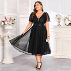 Women's Plus Size Double V neck Stretch Waist Short Mesh Evening Dress