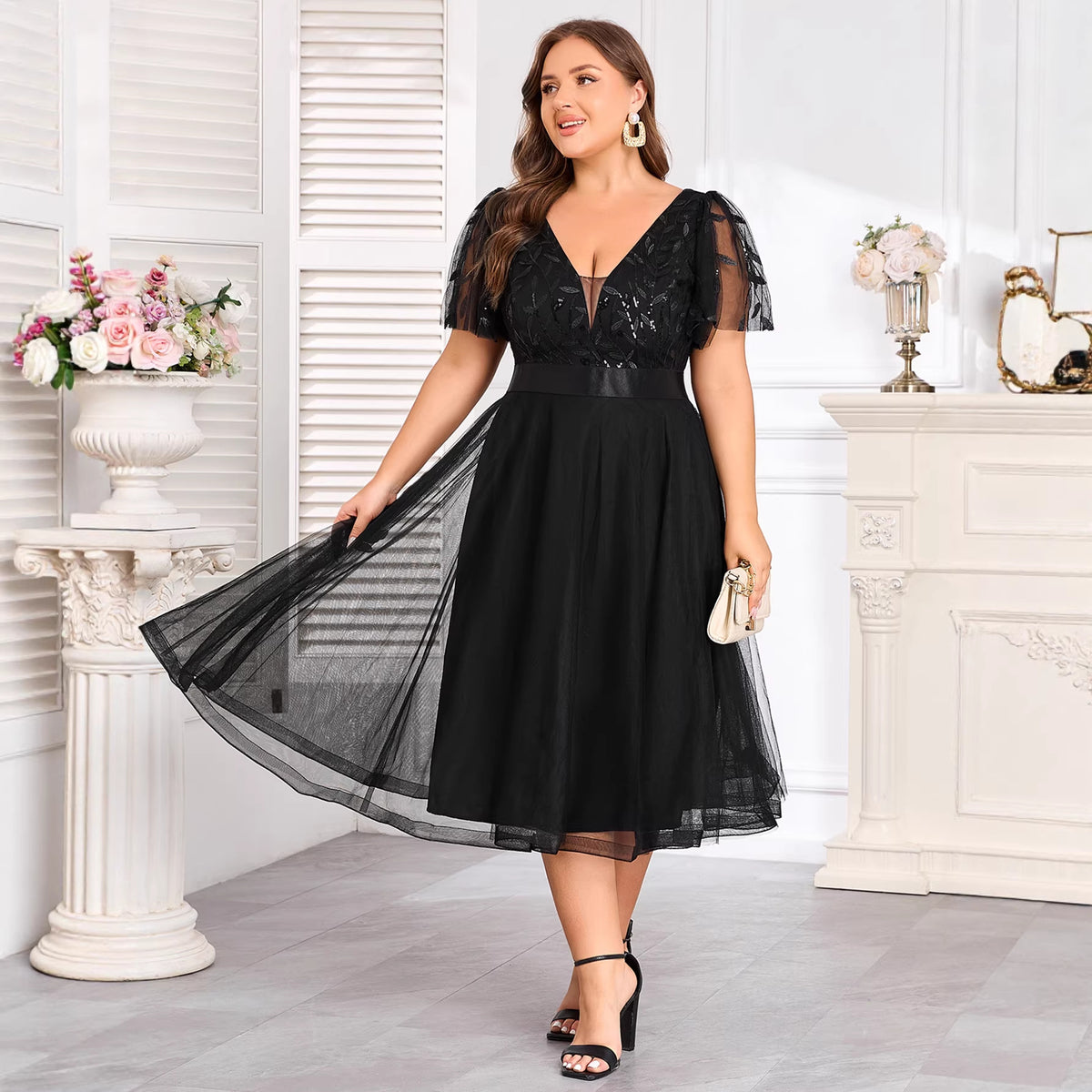 Women's Plus Size Double V neck Stretch Waist Short Mesh Evening Dress