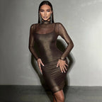Mesh Long-Sleeve Glitter Sheath Dress