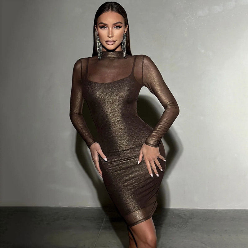 Mesh Long-Sleeve Glitter Sheath Dress