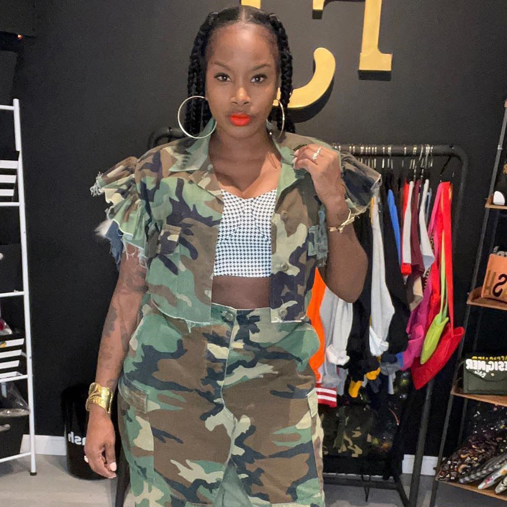 Camouflage Ruffle Sleeve Short Jacket