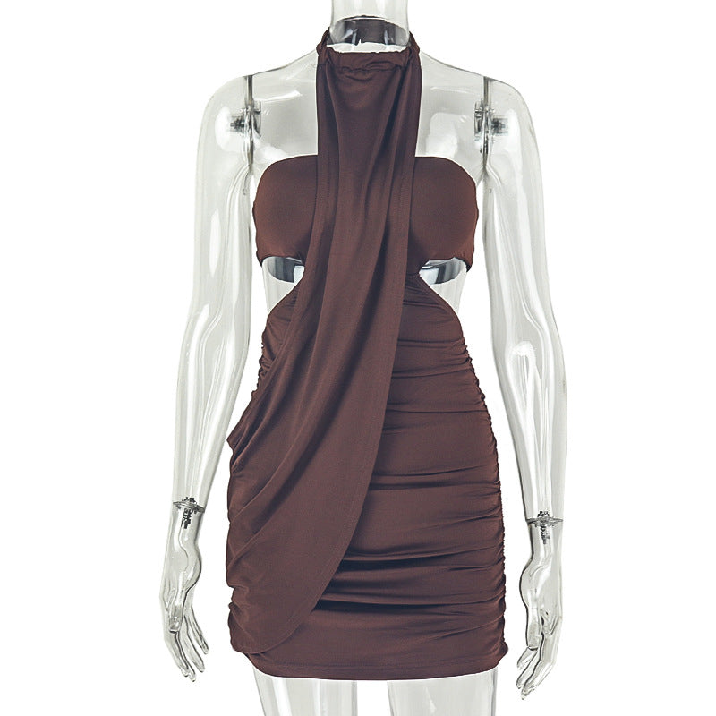 Dark brown corset lingerie mini dress on mannequin with halter neckline and ruched draped front