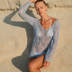 Light blue crochet tunic with V-neck and long sleeves, openwork lace design