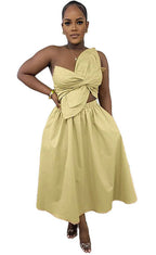 Khaki sleeveless midi dress with front draped knot bodice and flared skirt