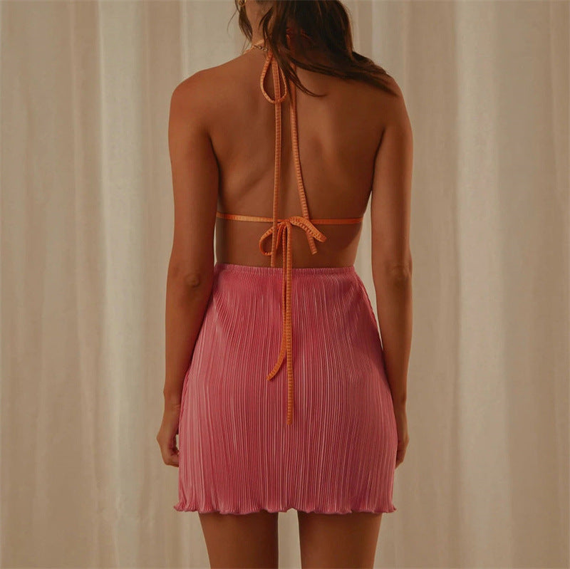 Women's Summer Sexy V Neck Backless Pleated Dress Women Halter Lace Up Cutout Short Dress