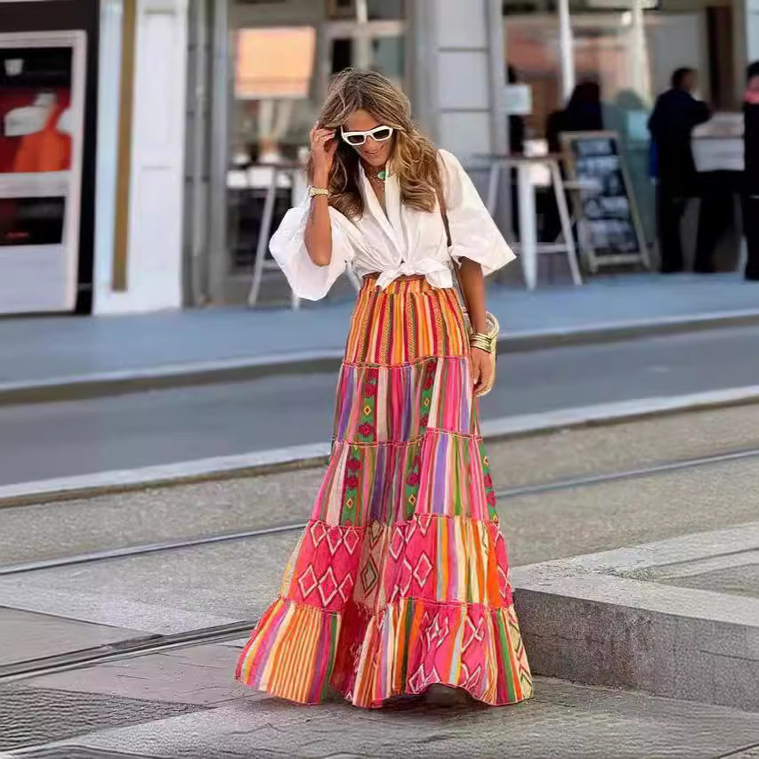 Autumn Internet Celebrity Same Printed Ruffled Big Skirt