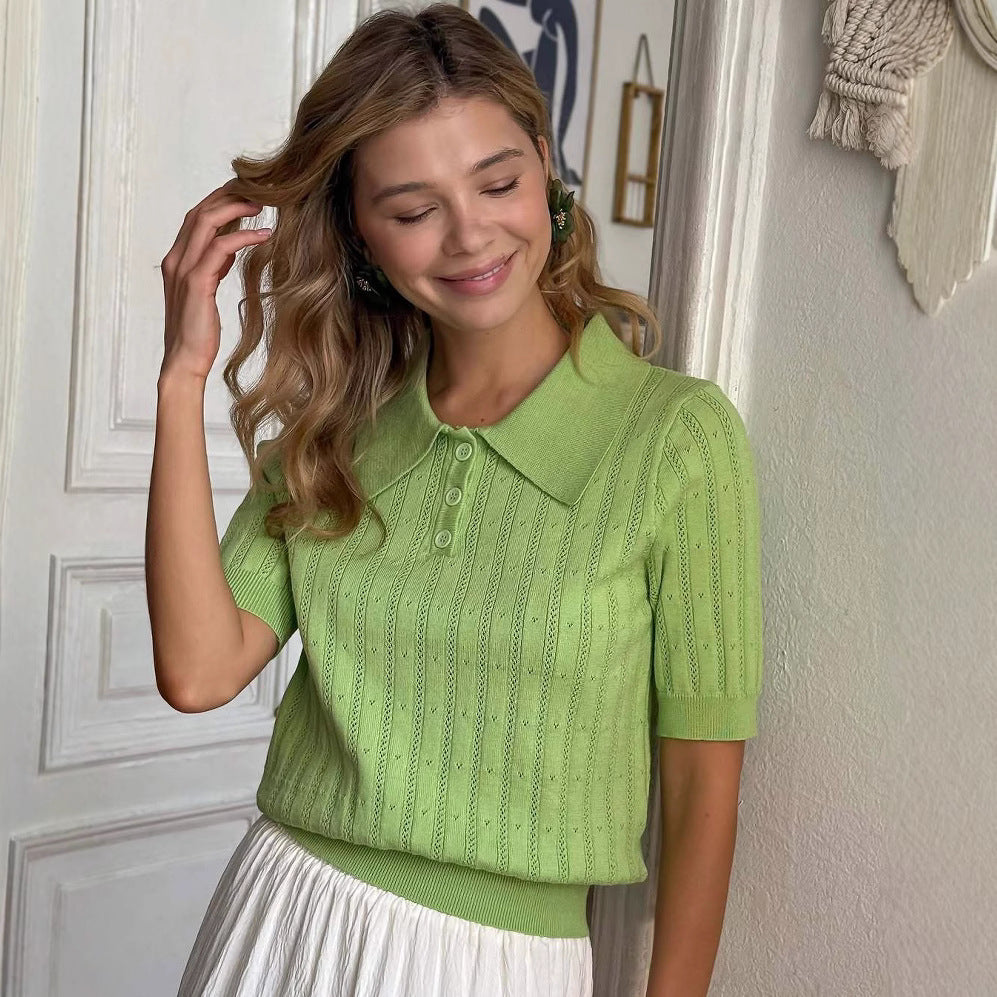 Women's Russian Hollow Out Cutout Out Collared Short Sleeved Sweater Women Summer Niche Half Sleeve Top