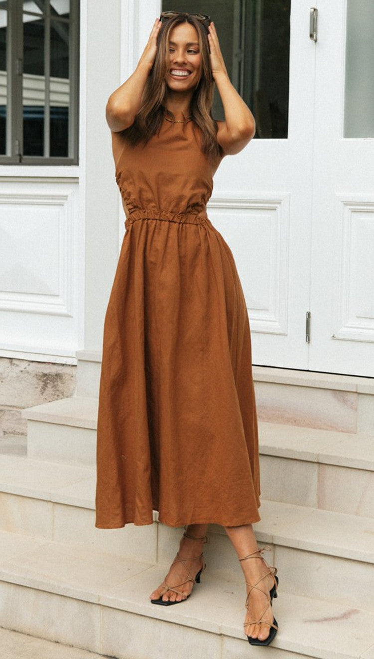 Solid-Color Sleeveless Round-Neck Backless Maxi A-Line Dress