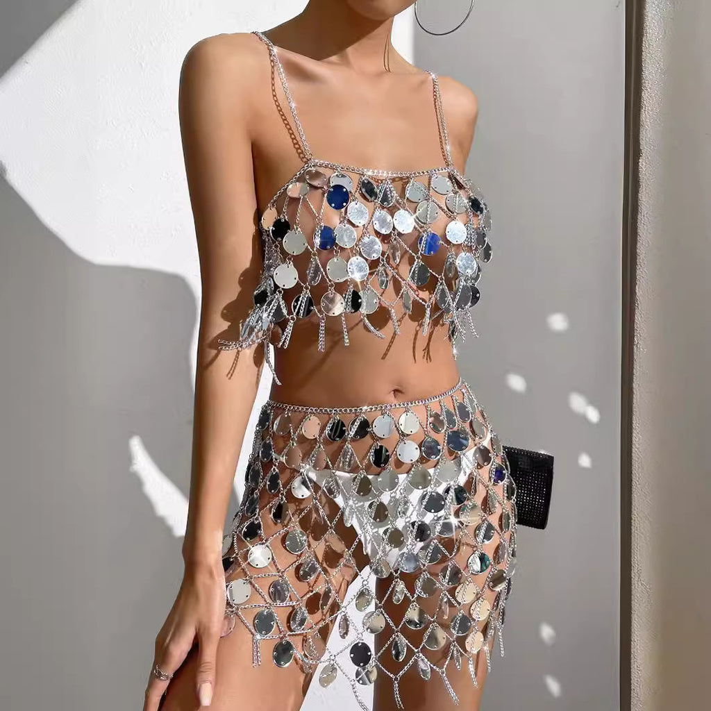 Women's Silver Sequin Halter Top & Skirt Set