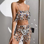 Women's Silver Sequin Halter Top & Skirt Set