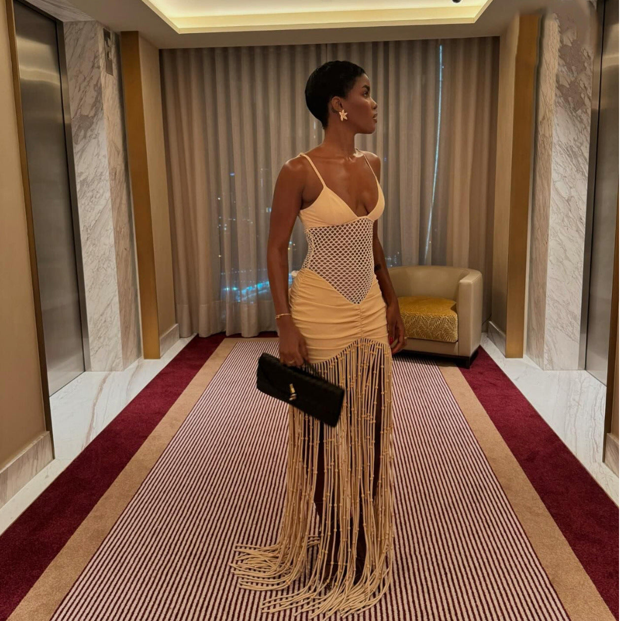Fringe V-Neck Spaghetti-Strap Bodycon Maxi Dress