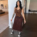 Women's Summer Printed Sexy V Neck Backless Slim Fit Sling Dress