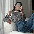 Striped Contrast Color Off-Shoulder Long Sleeve Casual Fall Top