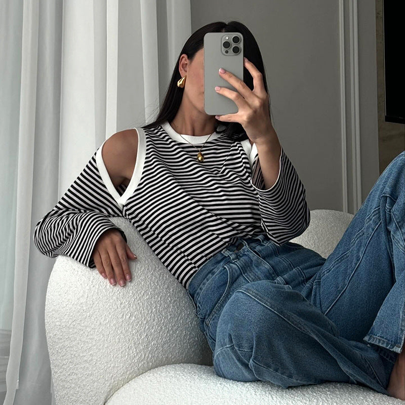 Striped Contrast Color Off-Shoulder Long Sleeve Casual Fall Top