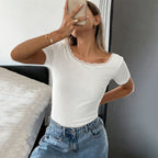 Summer White Lace Backless Short Sleeve T shirt Slim Short Inner Top for Women