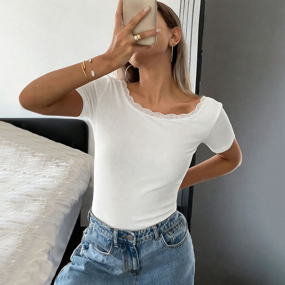 Summer White Lace Backless Short Sleeve T shirt Slim Short Inner Top for Women
