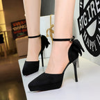 Women's Black Platform Pointed-Toe Buckle Sandals With Rhinestone Bow