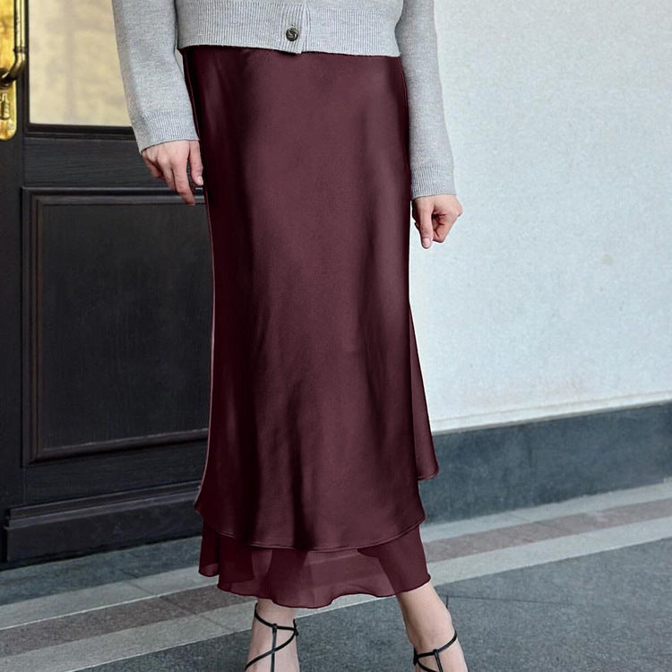 Satin Skirt Patchwork Mesh Double Layer Sheath