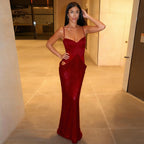 Women's Elegant Graceful Women Cocktail Dress Sequined Chest Split Boning Corset Cropped Outfit Hollow Out Cutout Dress