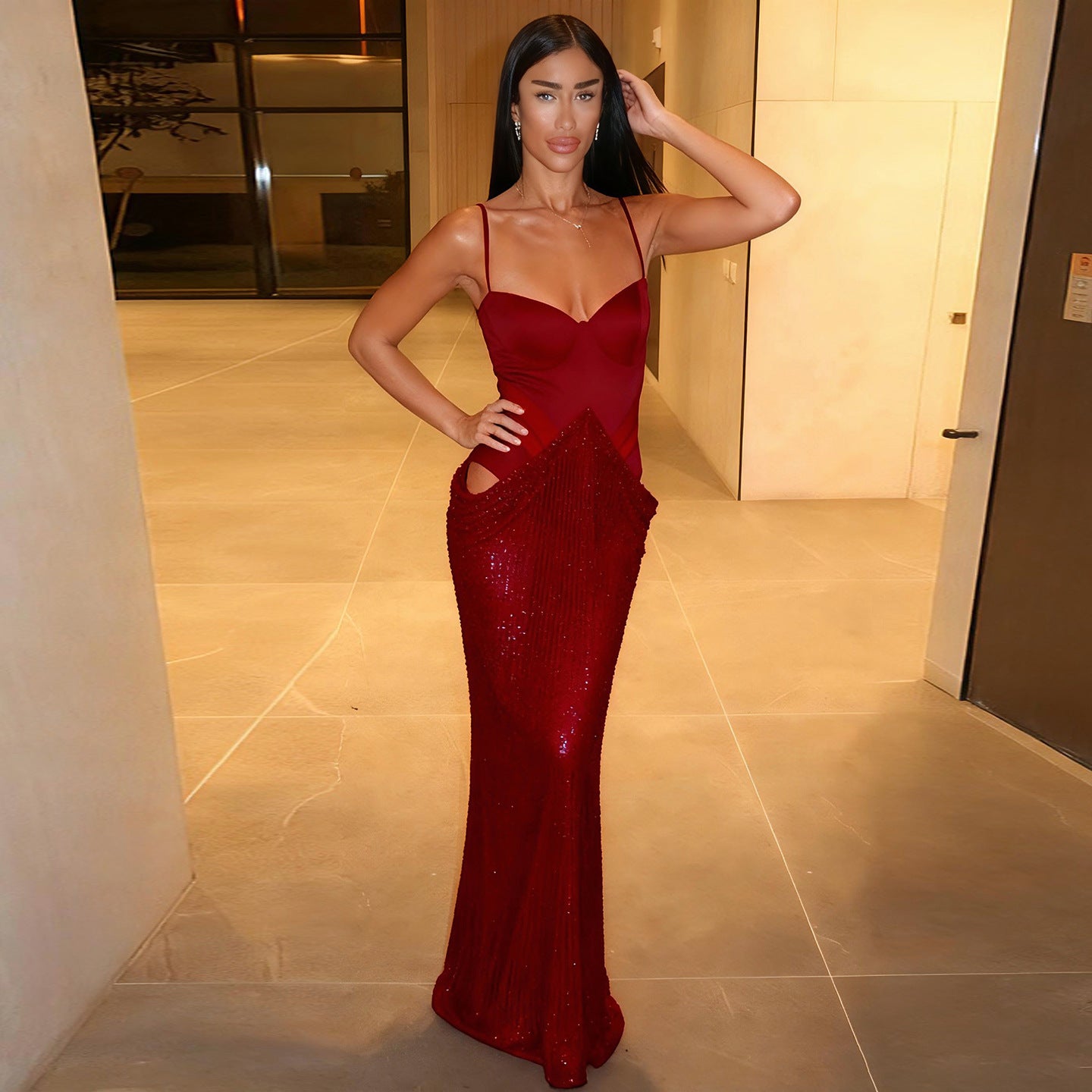 Women's Elegant Graceful Women Cocktail Dress Sequined Chest Split Boning Corset Cropped Outfit Hollow Out Cutout Dress