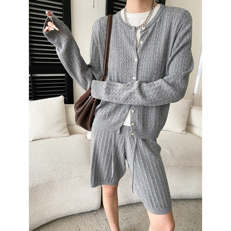 Women's Knit Cardigan And Drawstring Shorts Set
