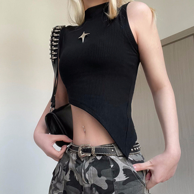 Women's Women’s Black Asymmetric Mock Neck Knit Tank Top