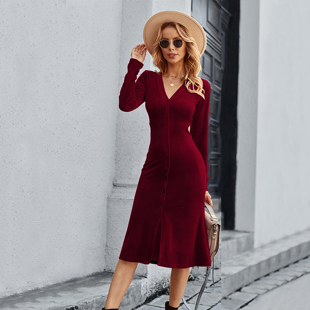 Women's V Neck Socialite Wine Red Dress Korean Velvet Midi For Women