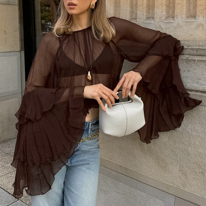 Women's Round Neck Ruffle Sleeve Gentle Loose Chiffon Shirt
