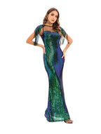 Women's Green Sequin Fringe Bodycon Evening Maxi Dress