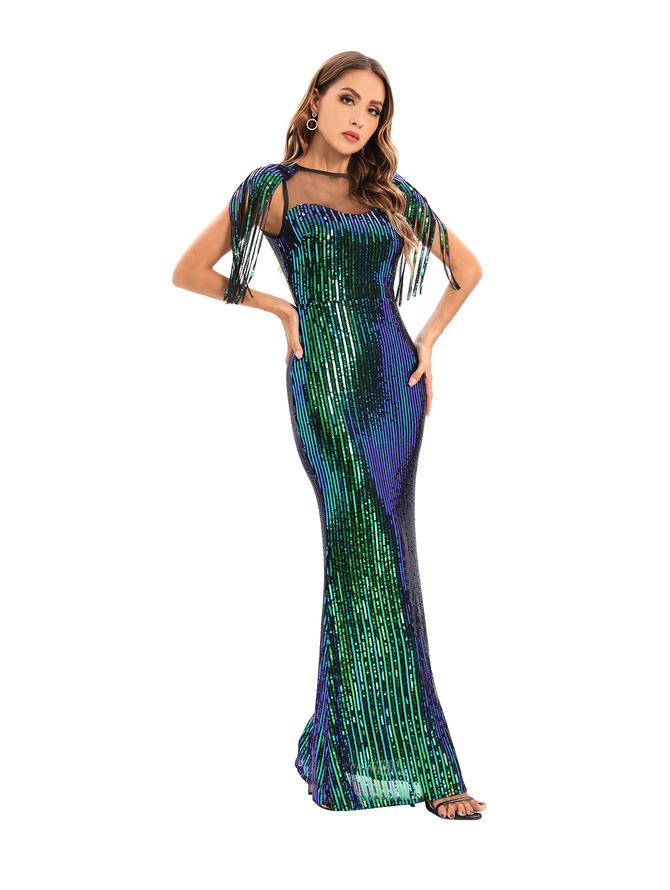 Women's Green Sequin Fringe Bodycon Evening Maxi Dress